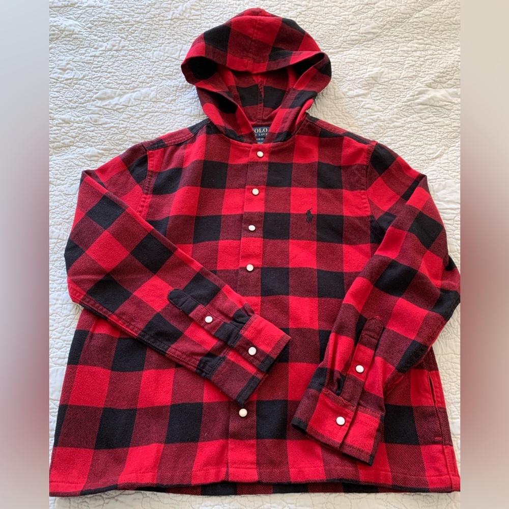 Ralph Lauren Polo Kid’s Hoodie Shacket  Red Checked Flannel Size Medium